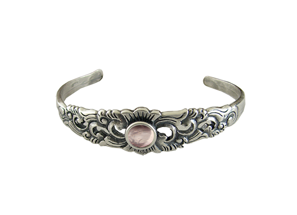 Sterling Silver Detailed Cuff Bracelet With Rose Quartz